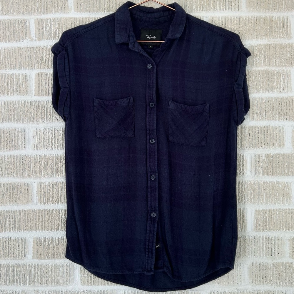 RAILS Short Sleeve Navy Plaid Button Down Shirt